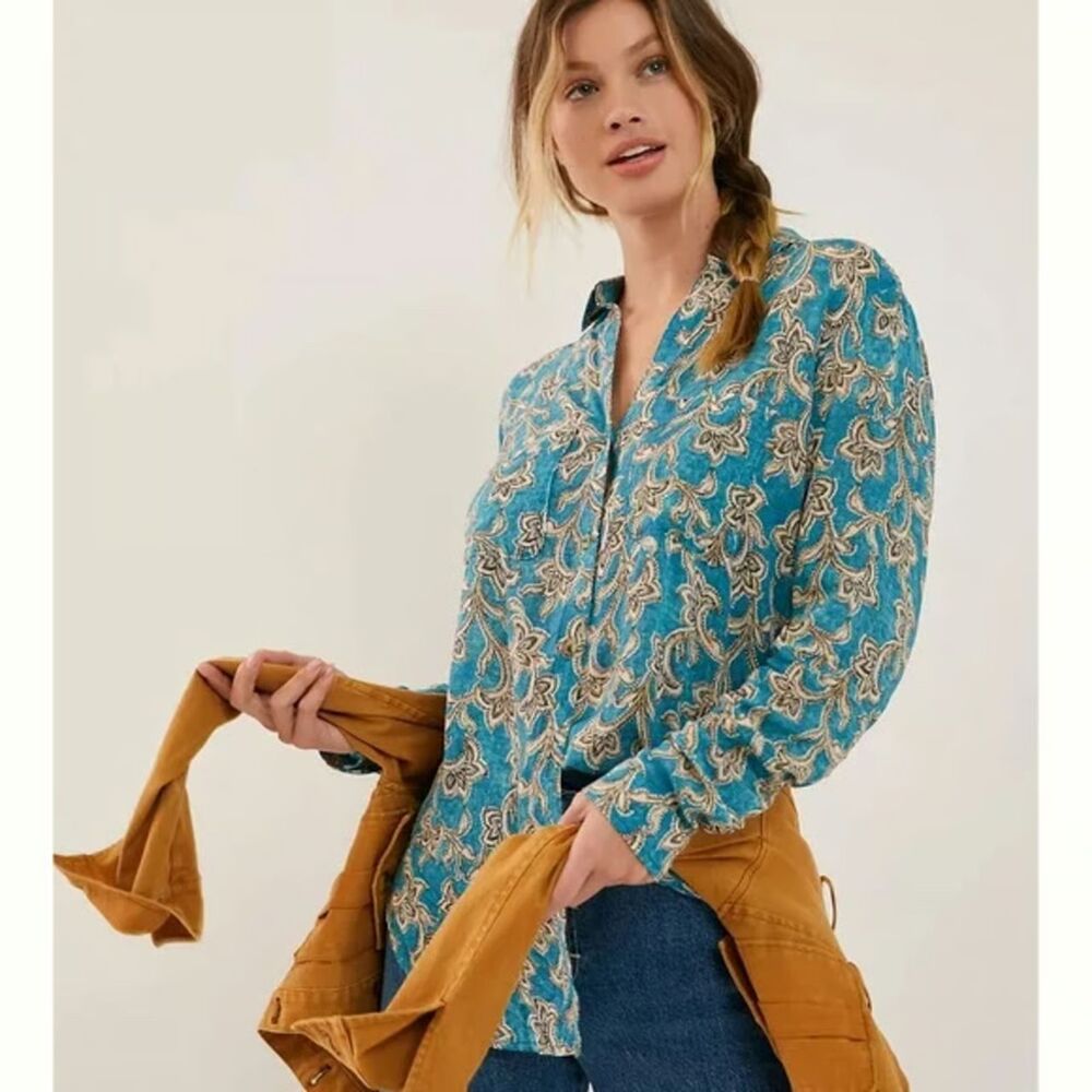 Pilcro Anthropologie "Lelani" Blue & Cream FloralPasley Button Down Blouse sz 1X - Picture 1 of 9